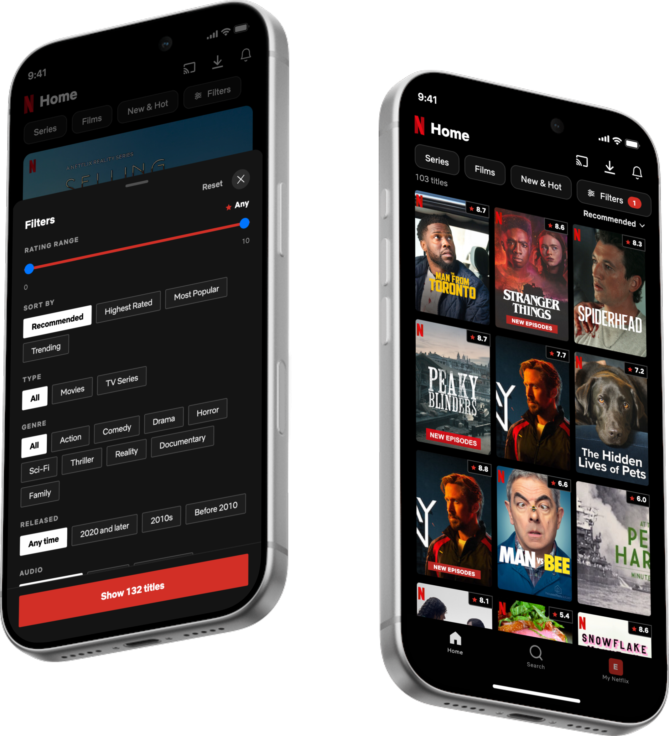 Two Netflix mobile screens: the rating filter panel and the redesigned browse wall with a community rating on every title card