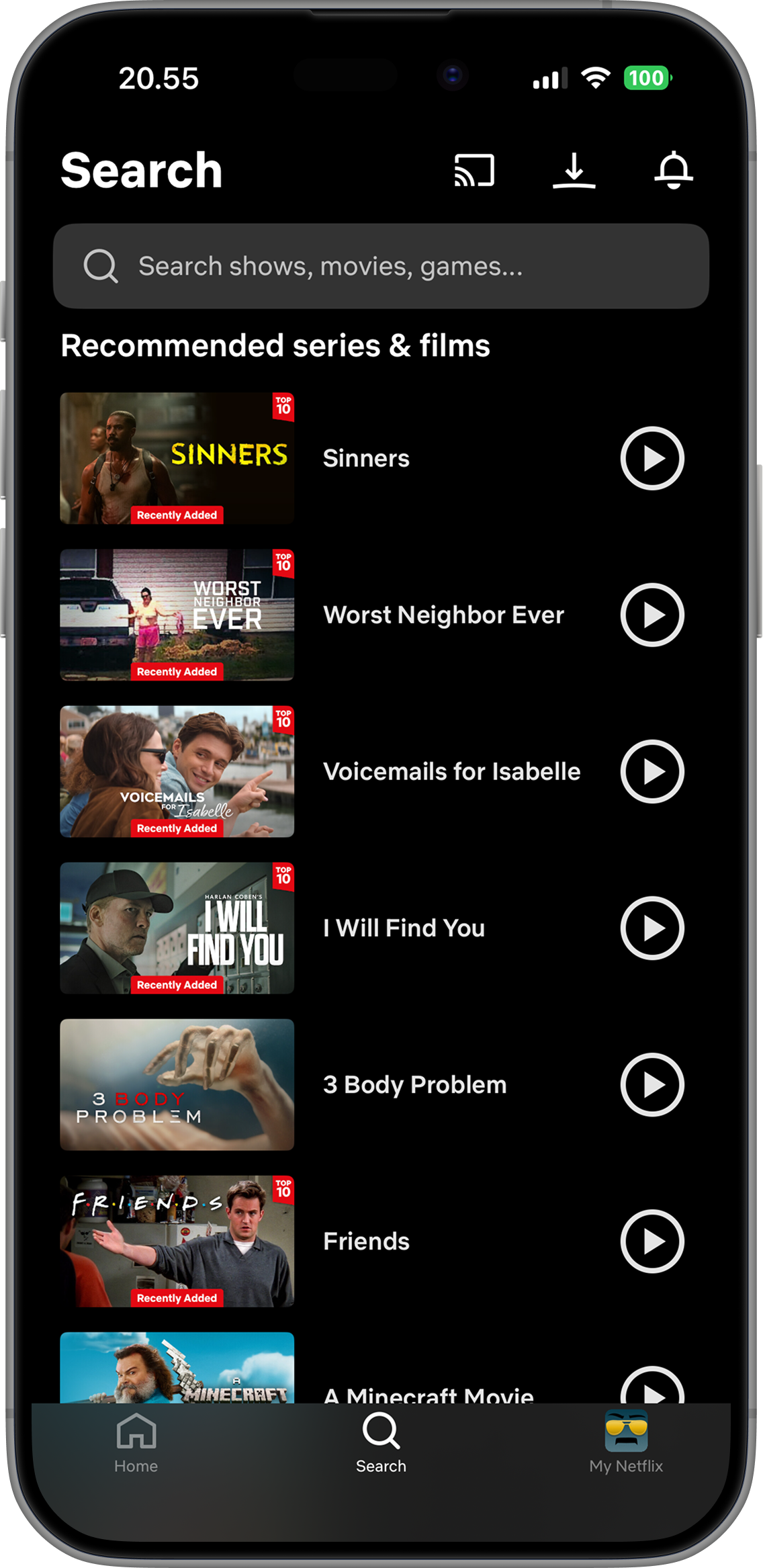 Netflix's Recommended series & films list, shown with no reason why